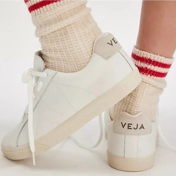 Veja Esplar Sneaker Leather V Logo Lace-Up Low Top Athletic Shoes, White - Picture 2 of 11
